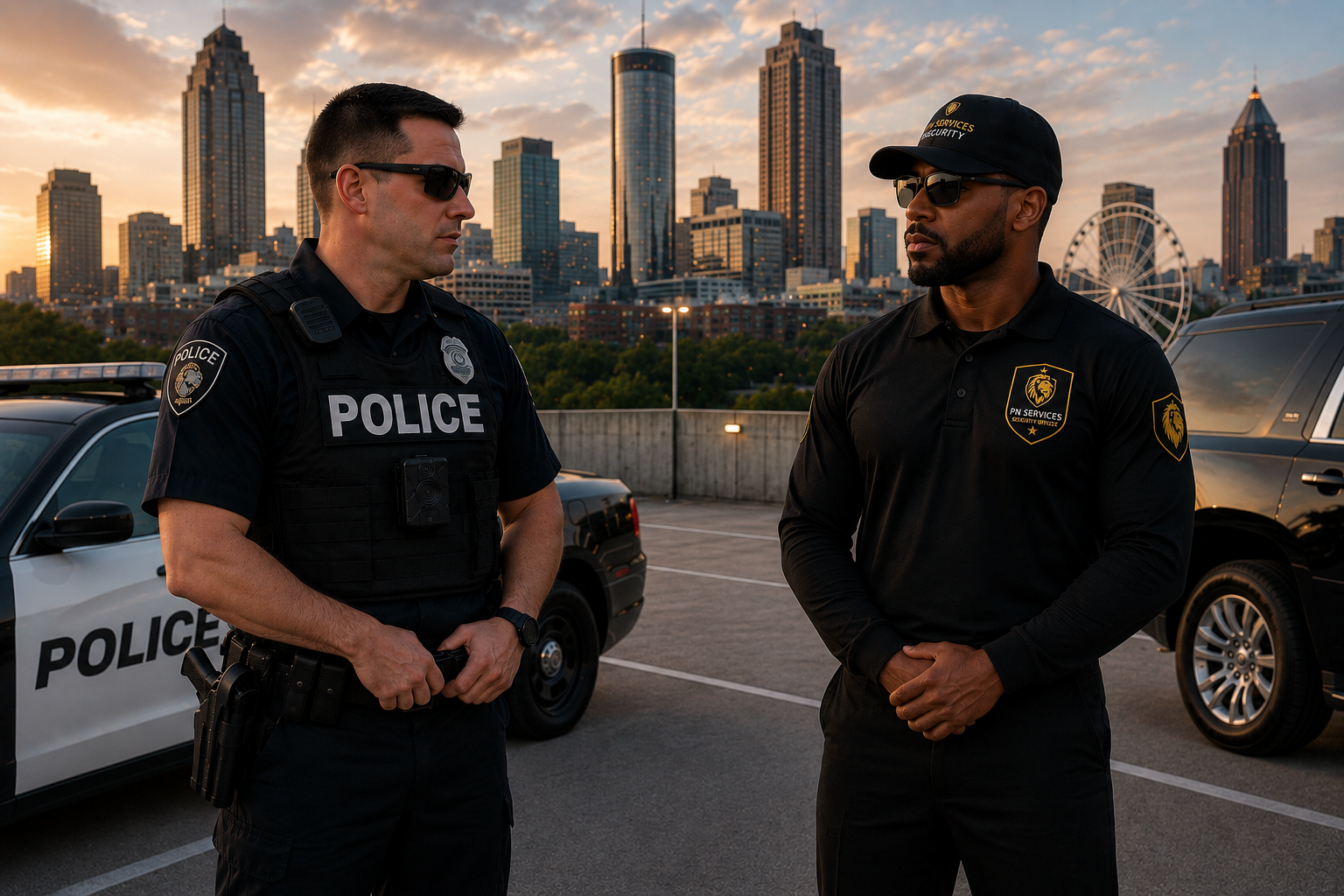 PN Services Security officer coordinating with local law enforcement on a rooftop parking deck with the Atlanta skyline at sunset